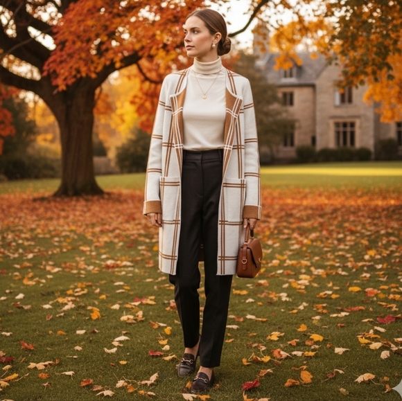 rain & rose Sweaters - Rain & Rose Open Front Soft Cardigan Off White Tan Plaid Size Medium Office Fall